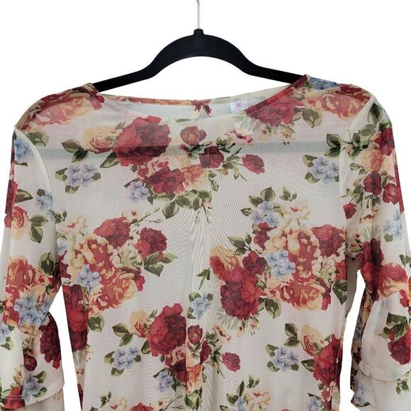 Y2K Blouse XS Cream Blossom Flower Sheer Mesh Tiered Ruffle Sleeve Cottage Core - Picture 8 of 11